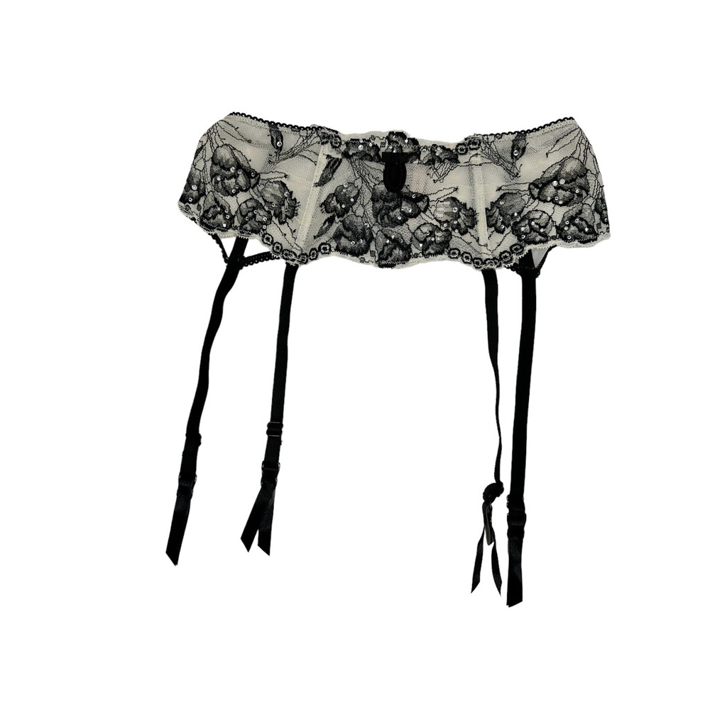 Victoria's Secret Sexy Little Things White Black Lace Rhinestone Garter XS B